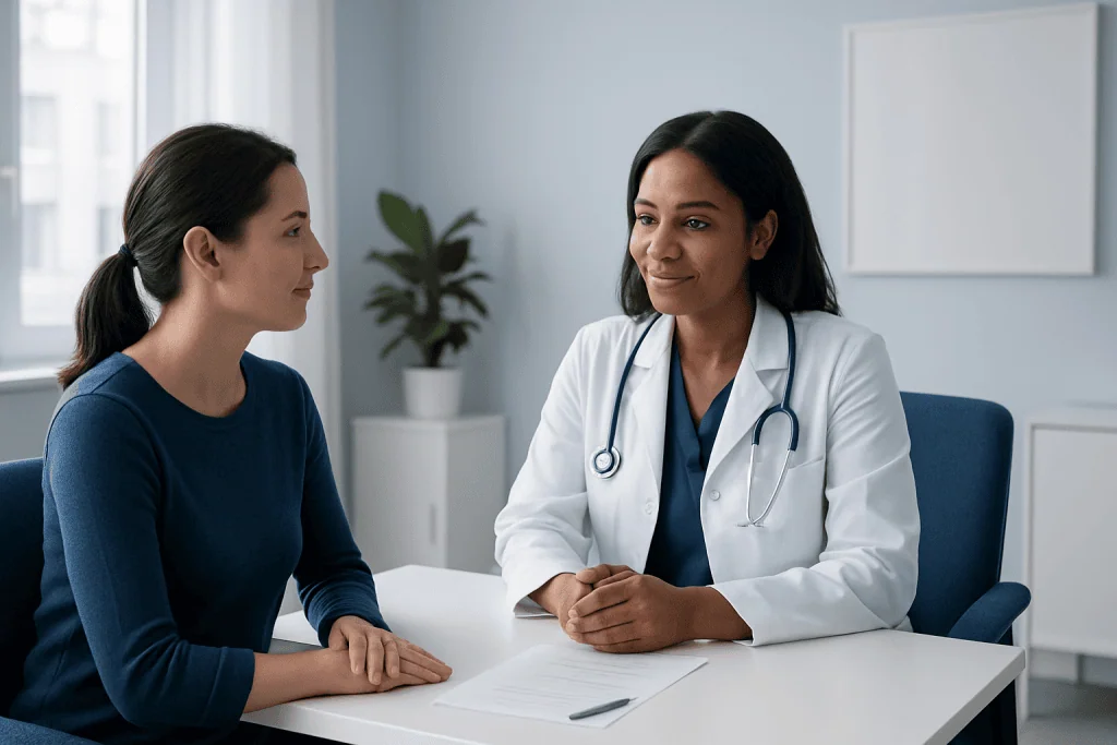 Doctor consulting with a patient in a modern medical office.