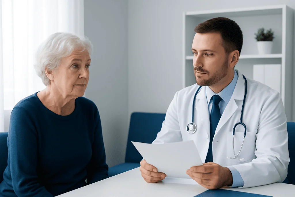 Doctor consulting with elderly woman in a medical office setting.