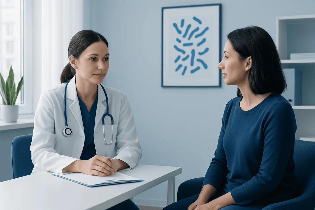 Doctor consulting with a patient in a modern medical office.