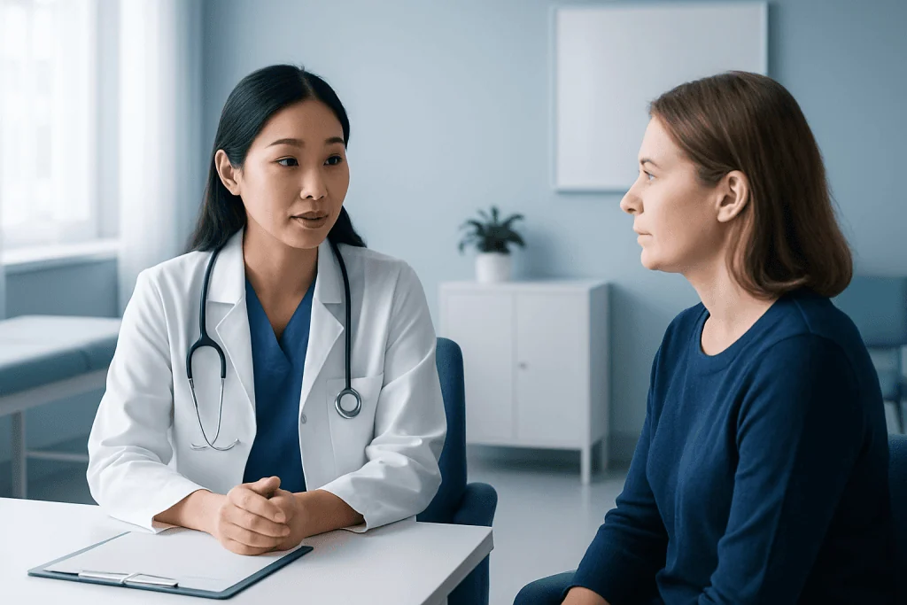 Doctor consulting with a patient in a modern medical office.