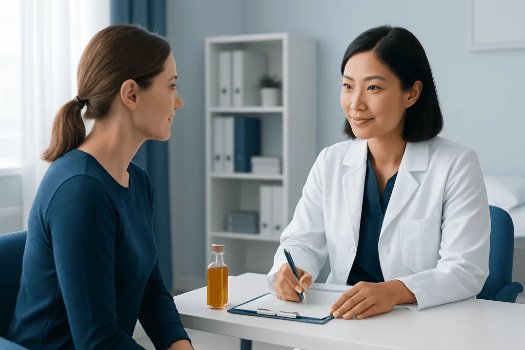 Doctor consulting with patient in a medical office setting.