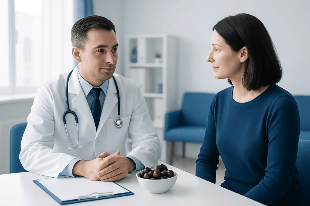 Doctor consulting a female patient in a modern medical office.