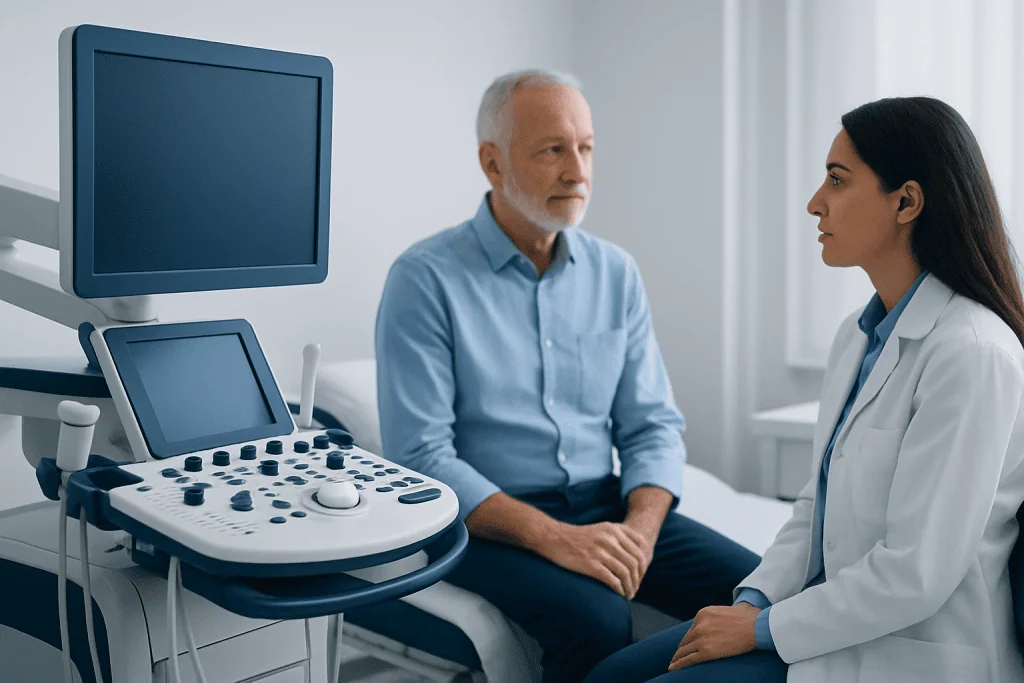 Doctor consulting with an elderly male patient in a medical examination room.