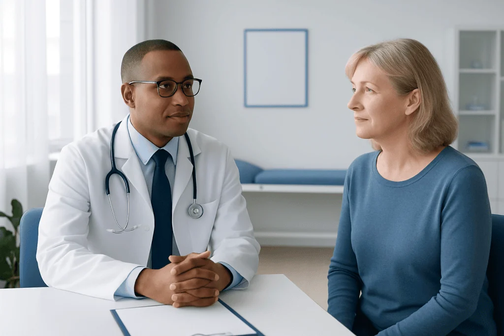 Doctor consulting with a female patient in a modern clinic setting.