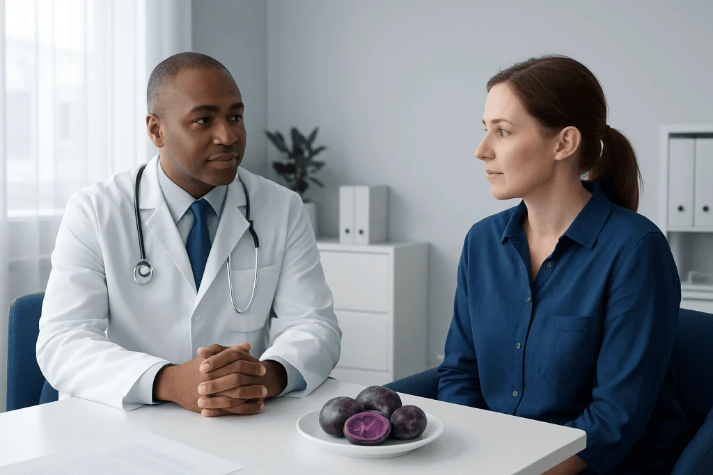 Doctor consulting with a female patient in a modern medical office.