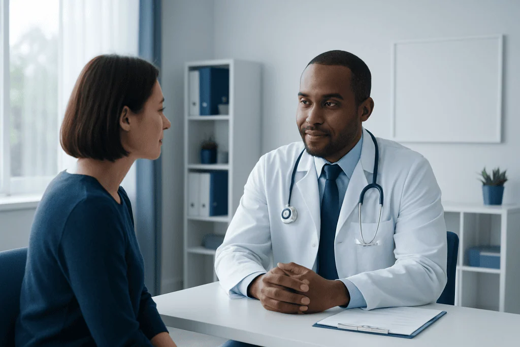 Doctor consulting with a female patient in a modern medical office.