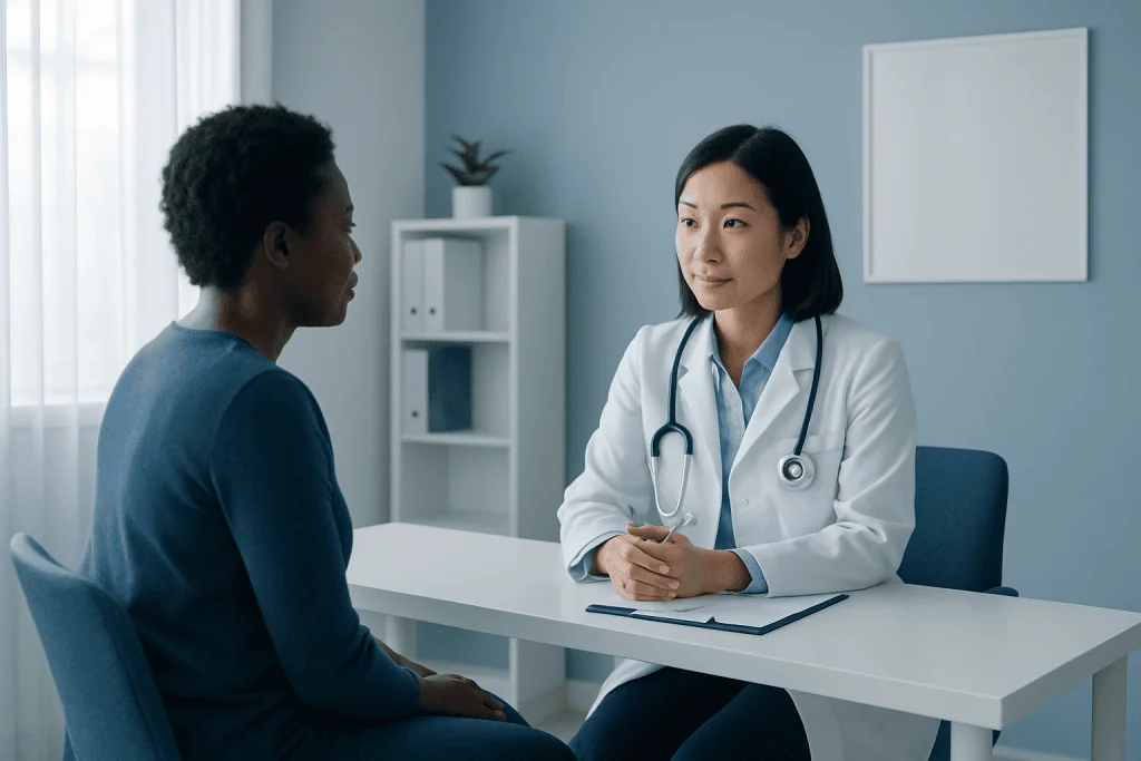 Doctor consulting with a patient in a modern medical office.