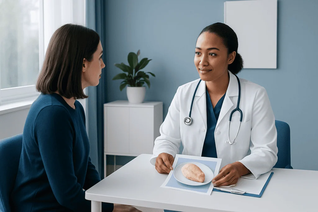 Doctor explaining chicken breast nutrition to patient in consultation room.