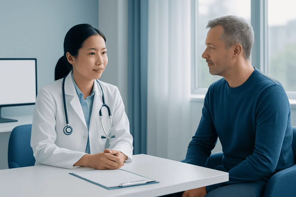 Doctor consulting with a male patient in a modern hospital room.