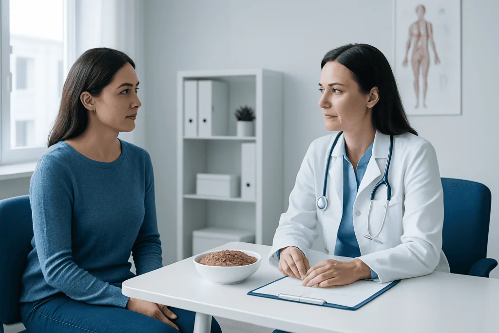 Doctor consulting with patient about flaxseed health benefits in clinic.