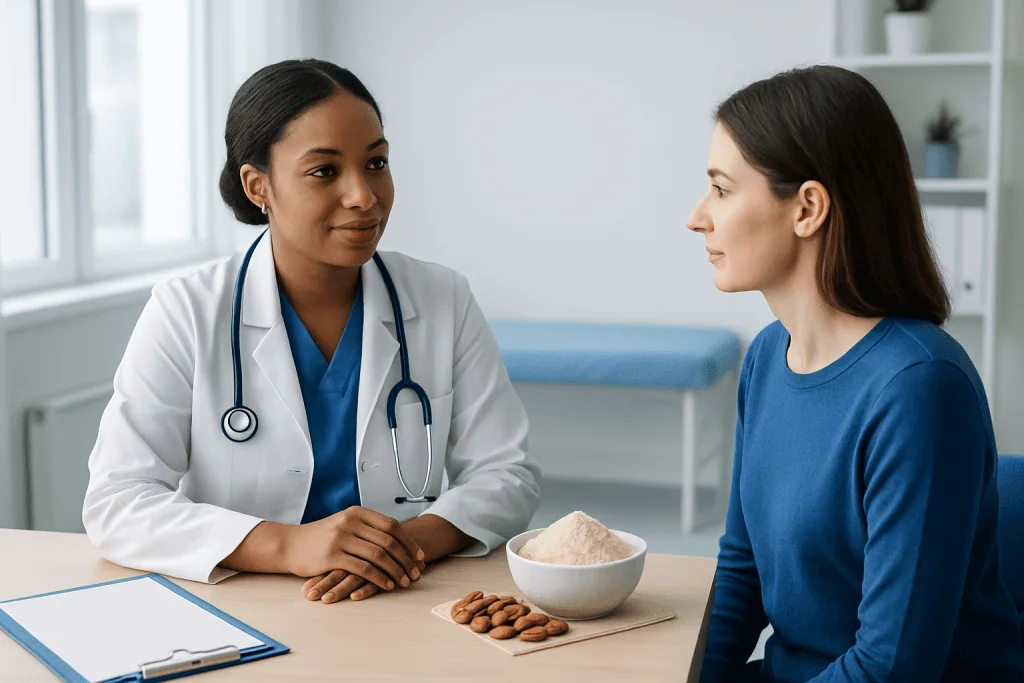 Doctor consulting with patient about almond flour health benefits in clinic.