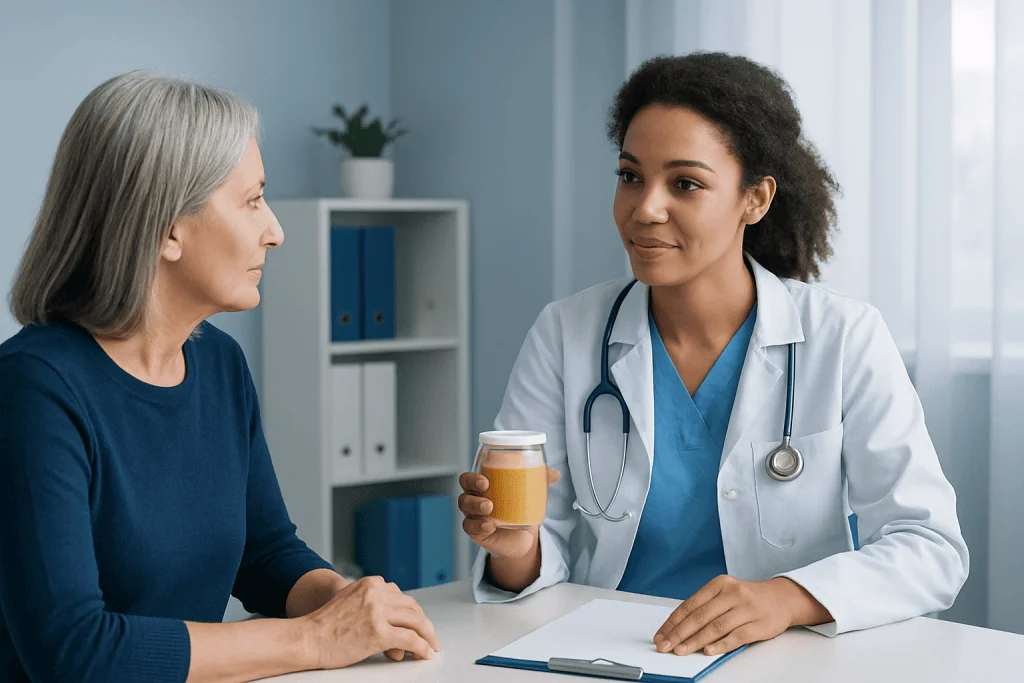 Doctor consulting with an elderly woman in a medical office.