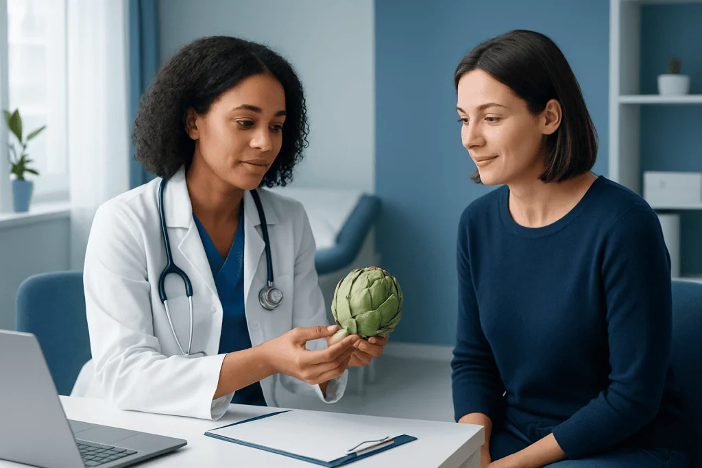 Doctor explaining artichoke health benefits to patient in clinic.