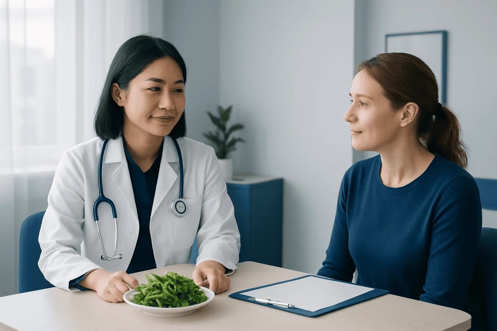 Doctor consulting with a patient in a modern clinic setting.