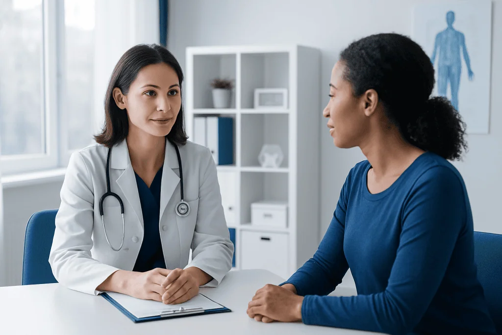 Doctor consulting with a patient in a modern medical office.