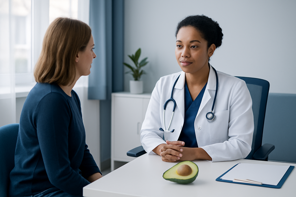 Doctor consulting with a patient in a medical office with an avocado on the table.