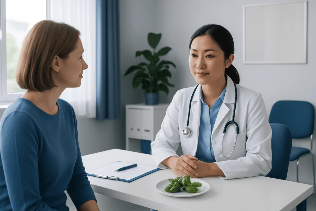 Doctor consulting with a patient in a modern medical office.