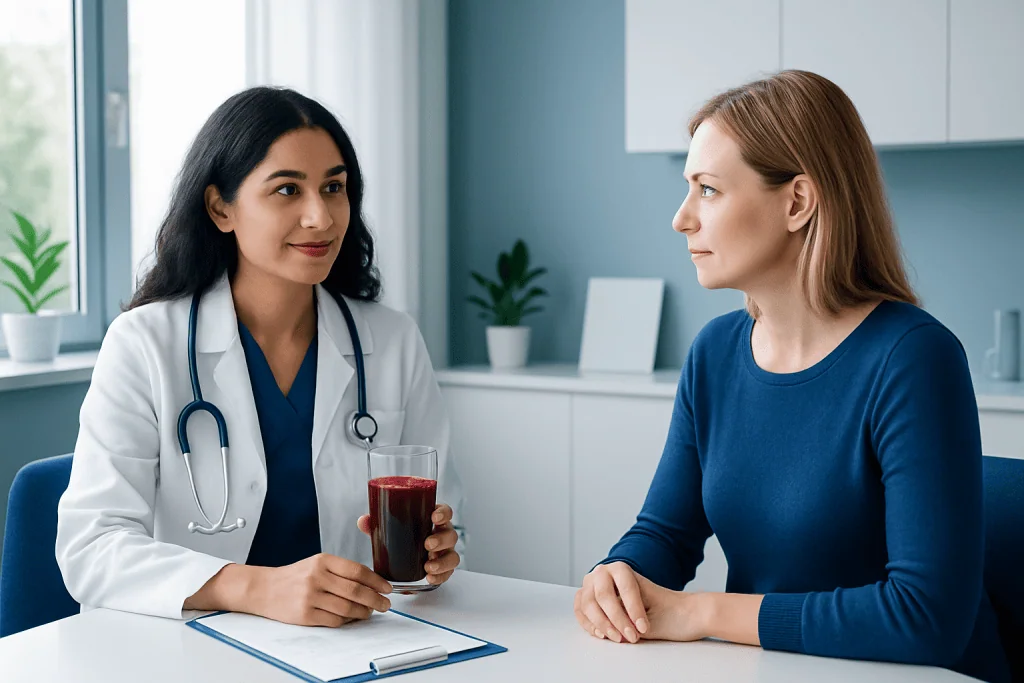 Doctor explaining benefits of beet juice to patient in consultation room.