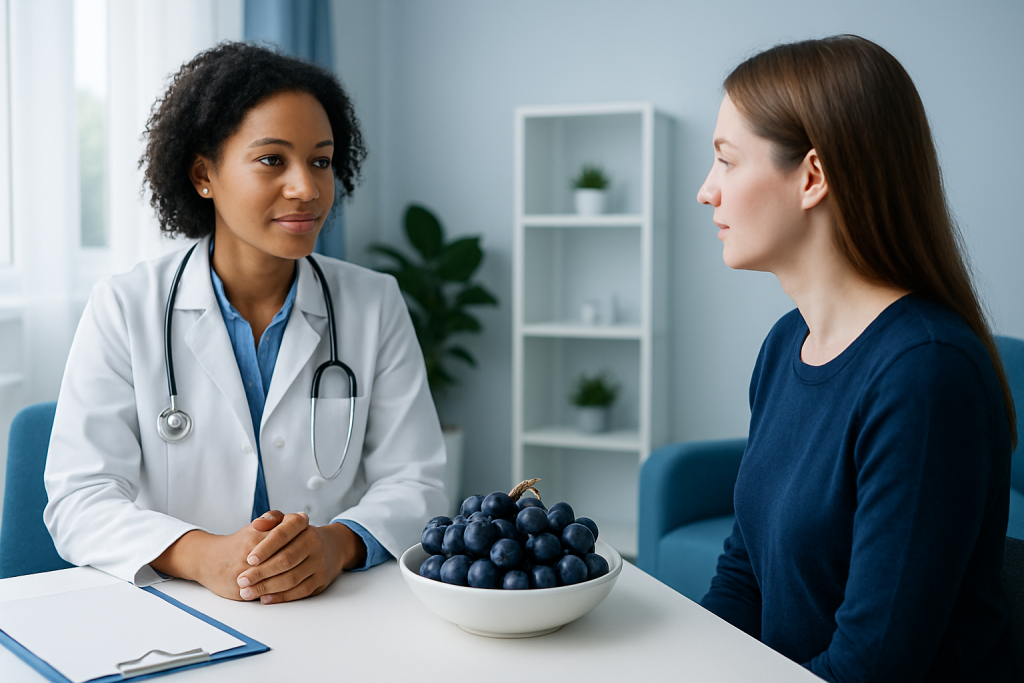 Doctor consulting patient with a bowl of black grapes on the table.