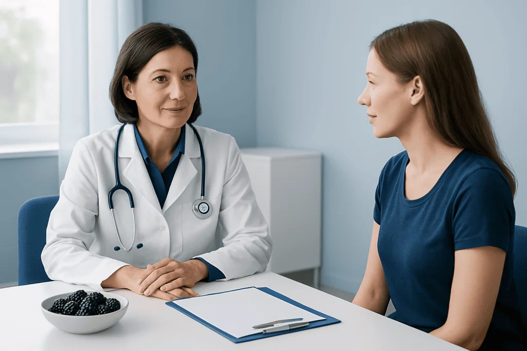 Doctor consulting with a young female patient in a medical office.