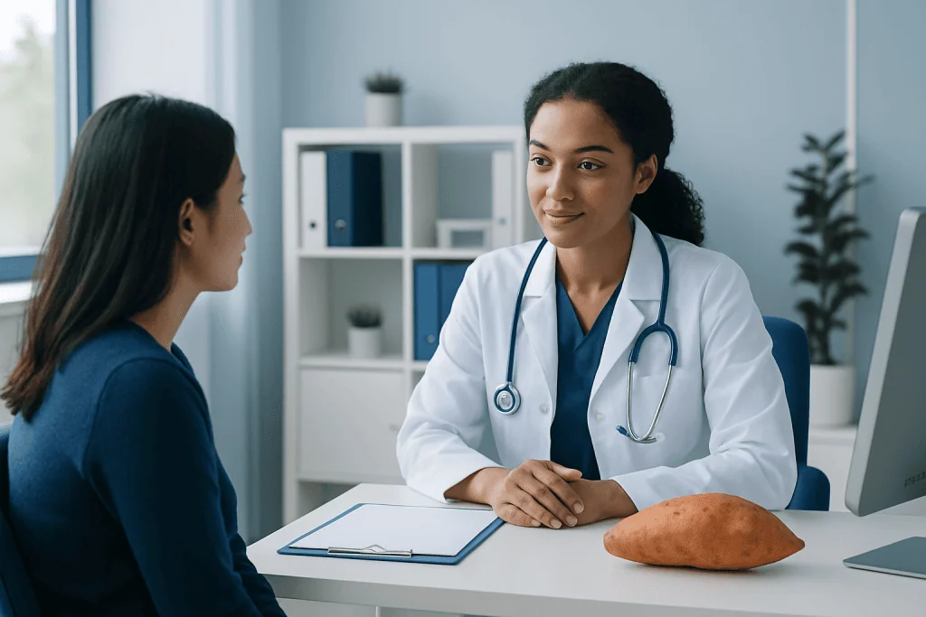Doctor consulting patient in a medical office with a sweet potato on the desk.