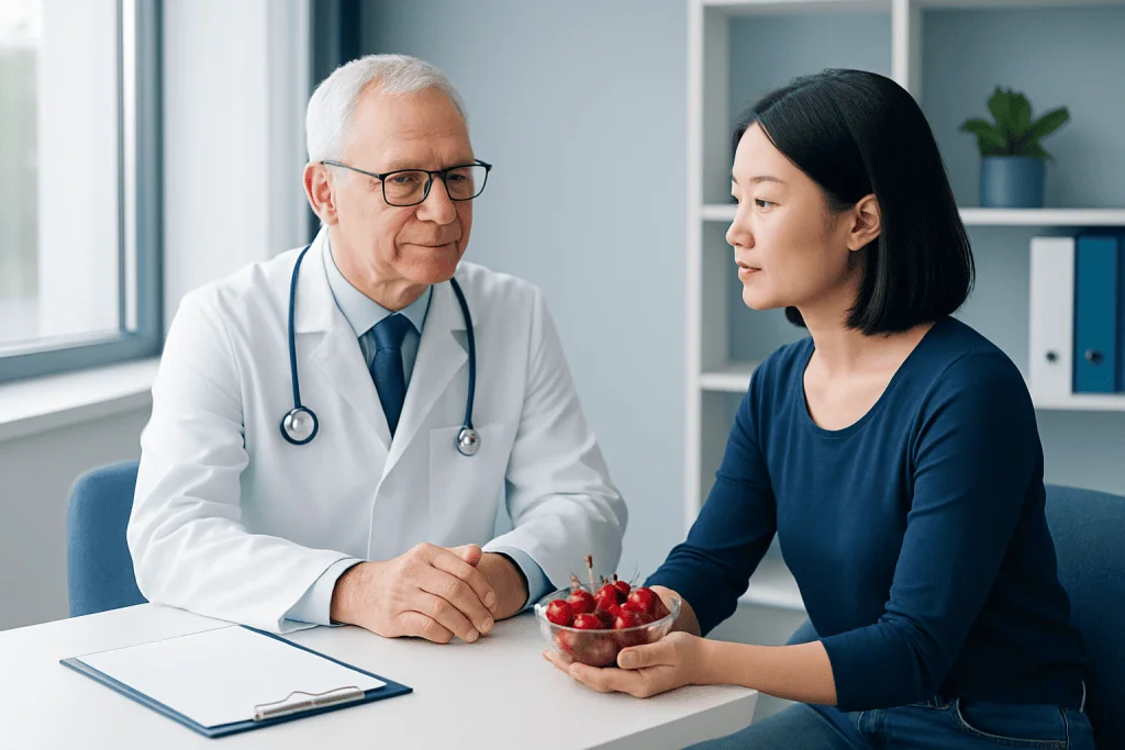 Doctor consulting with a patient about cherries in a clinical setting.