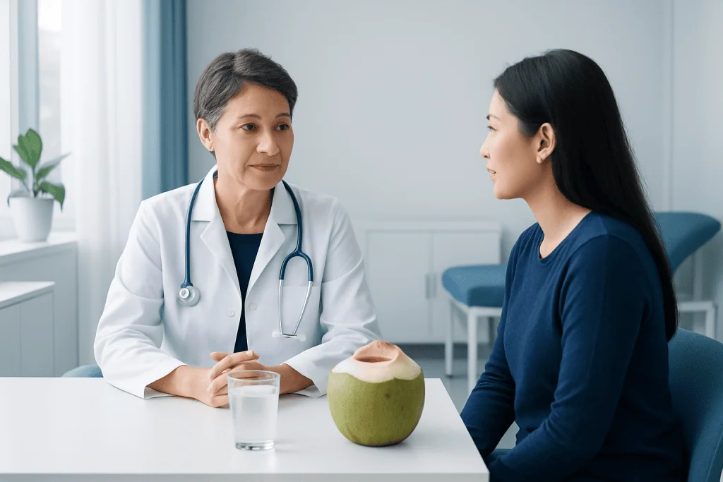 Doctor consulting patient with coconut water on table at clinic.