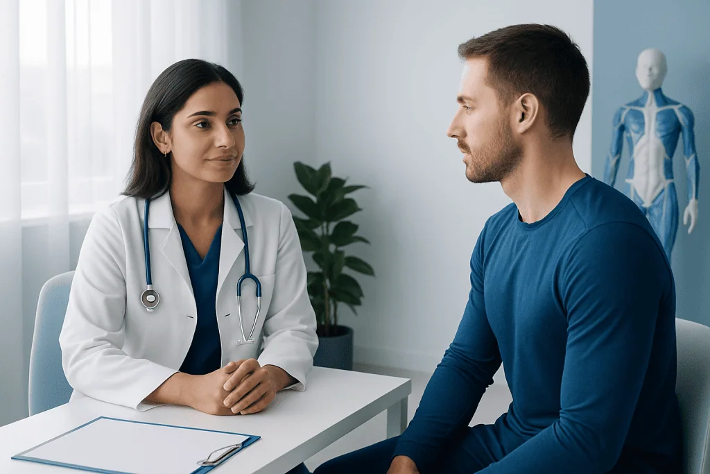 Doctor consulting with a patient in a medical office at Acibadem Hospitals Group.