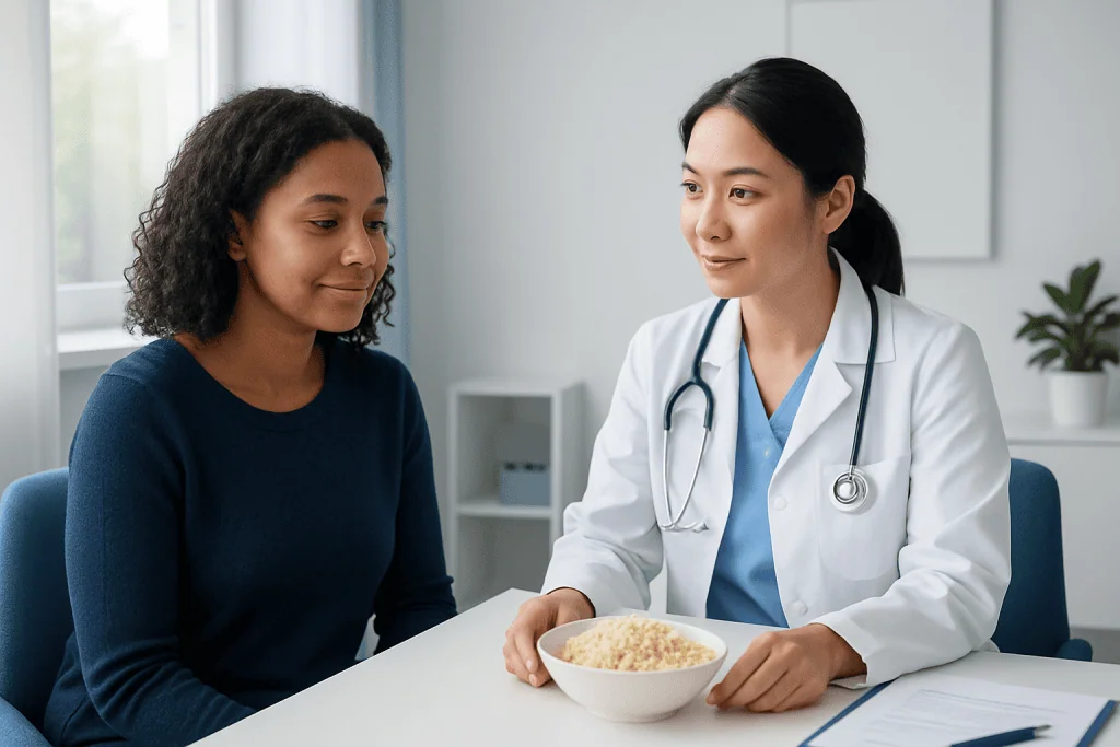 Doctor discussing dietary advice with a patient holding a bowl of couscous.