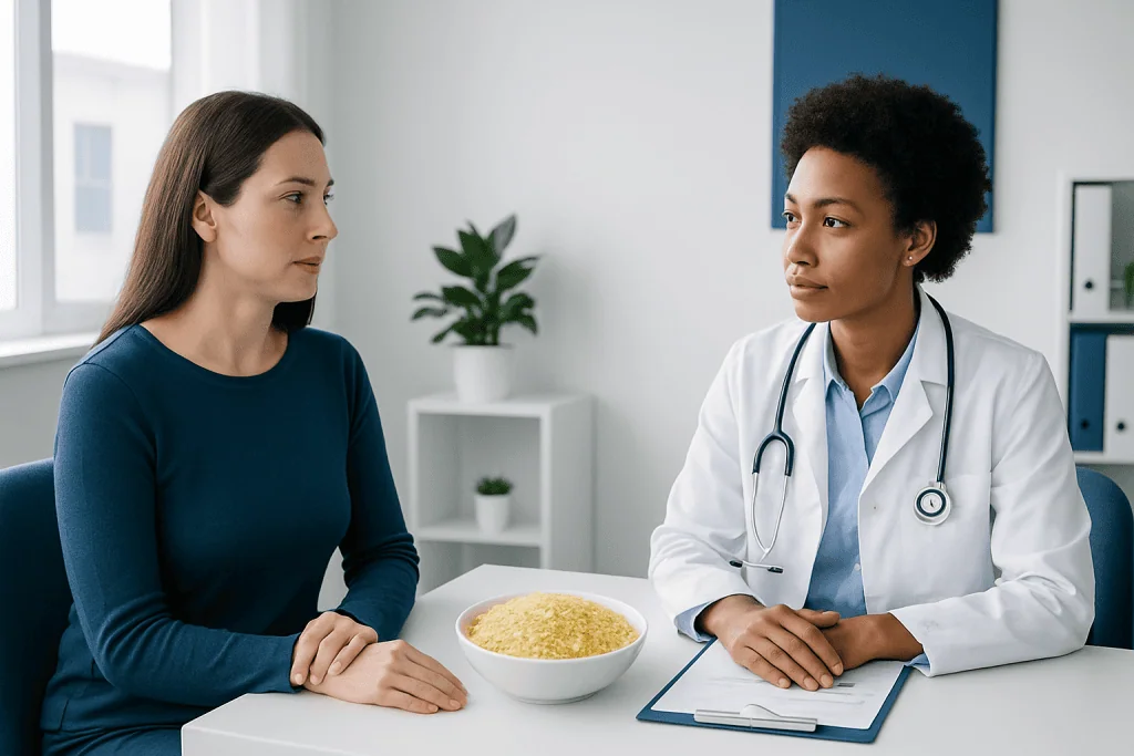 Doctor discussing health with a patient in a clinical setting.