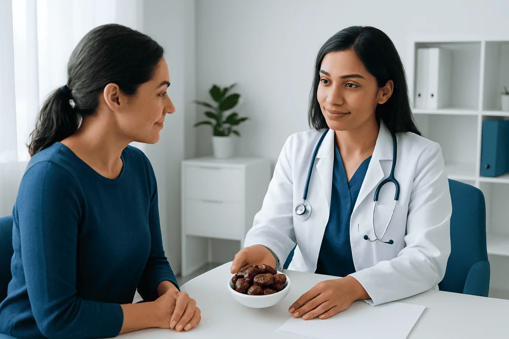 Doctor discussing health benefits of dates with a patient in a clinic setting.