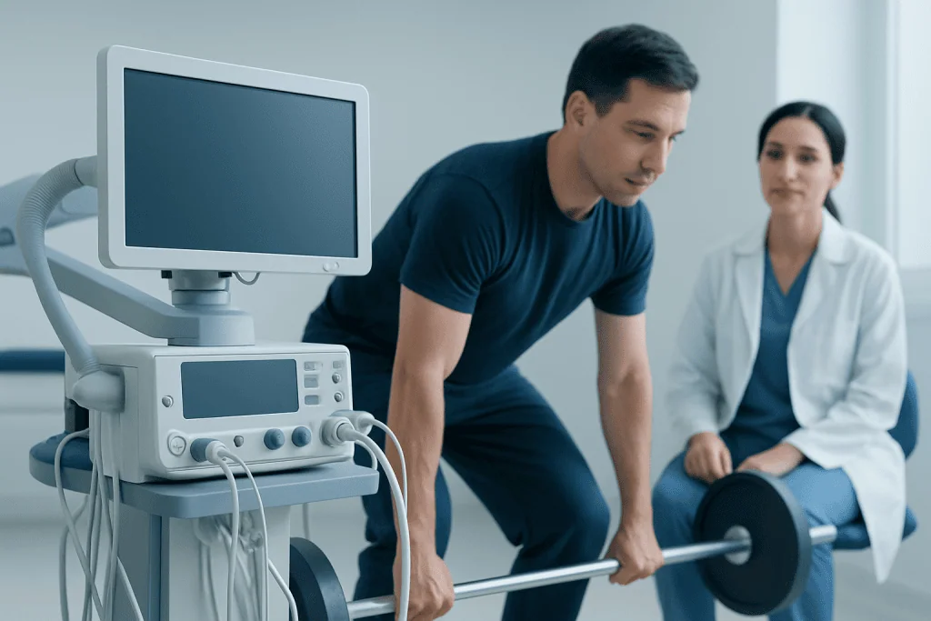 Patient performing deadlift exercise under medical supervision in clinic.
