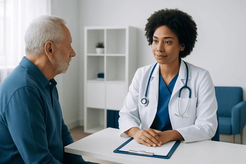 Doctor consulting with an elderly male patient in a modern clinic setting.