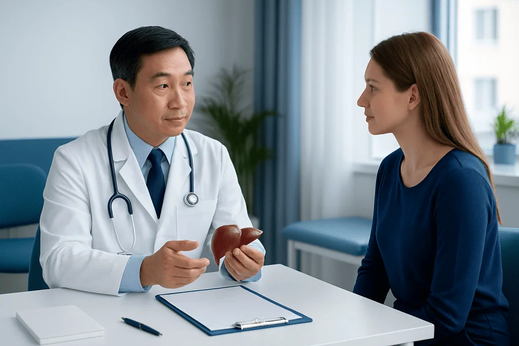 Doctor explaining liver health to a female patient in a medical consultation.