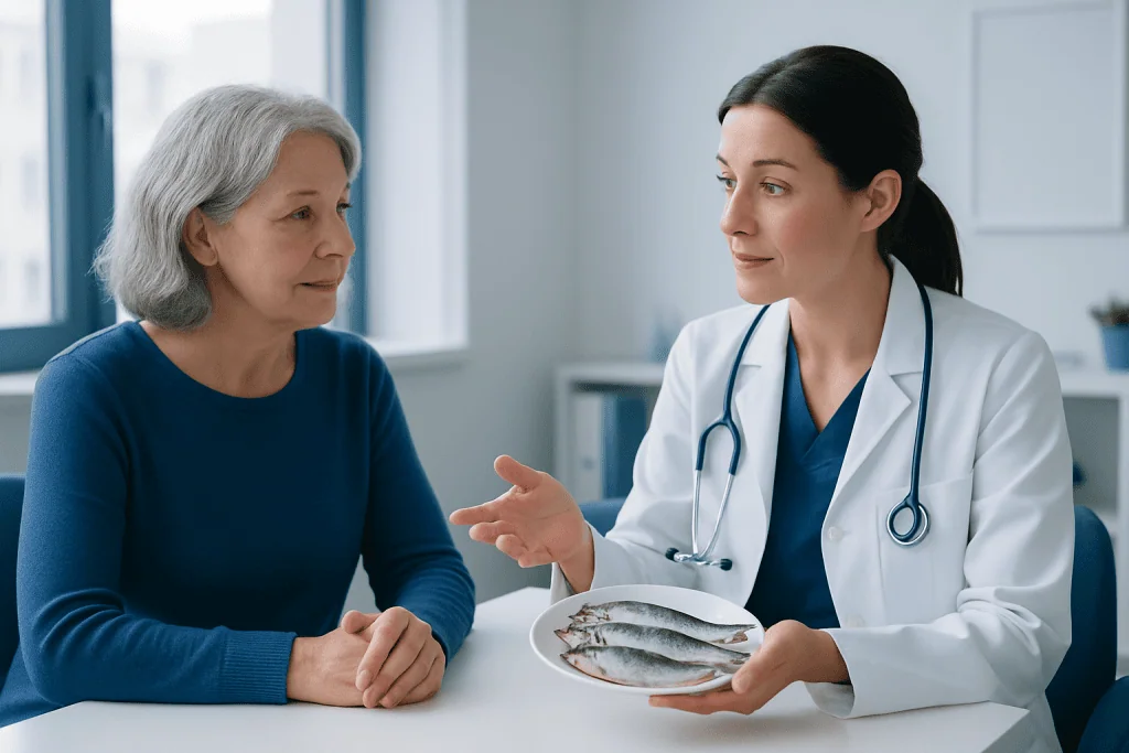 Doctor explaining benefits of sardines to an elderly woman in a medical consultation.
