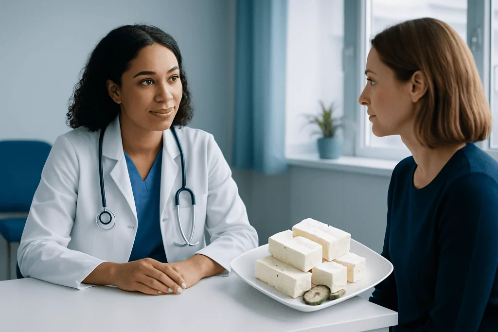 Doctor consulting with patient about feta cheese health benefits.