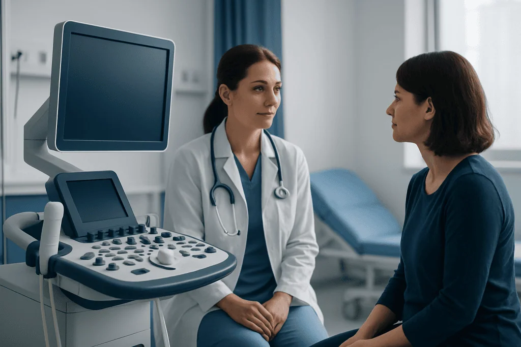 Doctor consulting a patient in a medical examination room with ultrasound equipment.