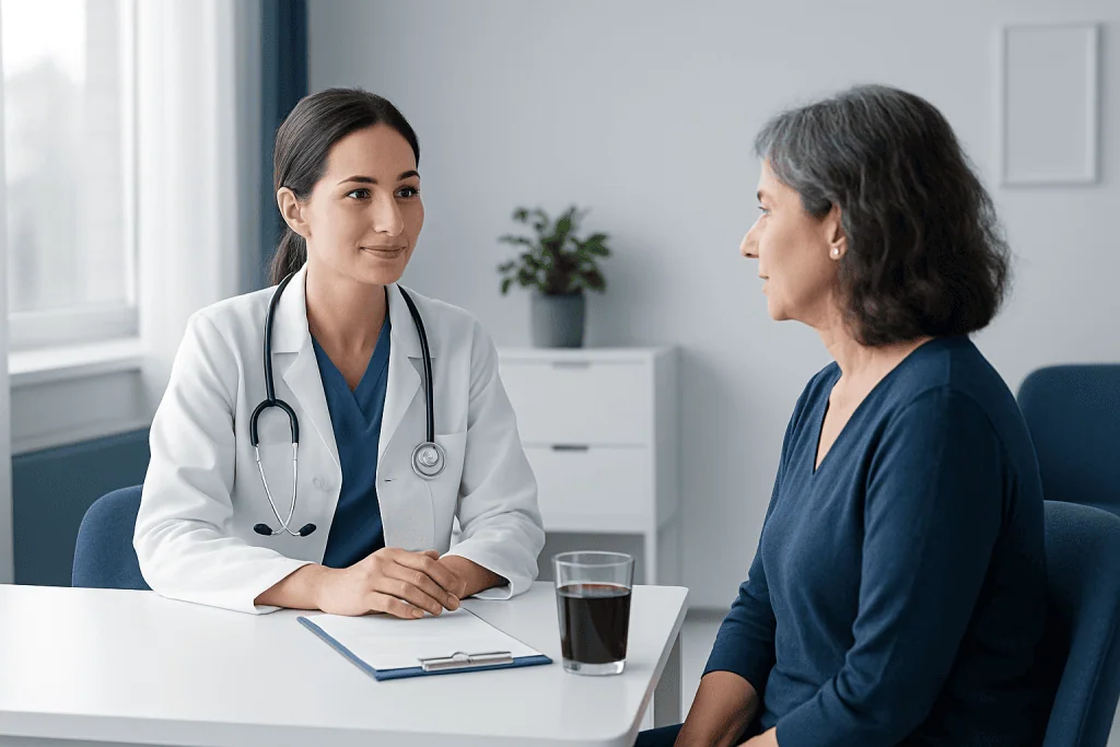 Doctor consulting with an elderly patient in a medical office.