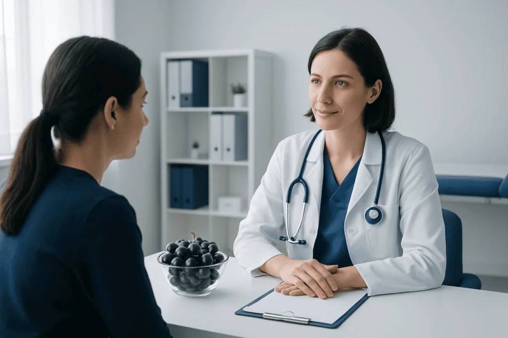 Doctor consulting patient in a medical office with grapes on the table.