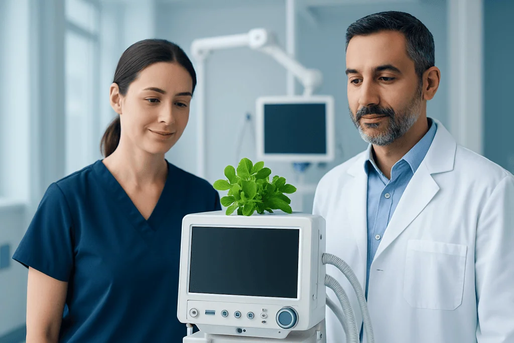 Medical professionals using advanced medical equipment in a hospital setting.
