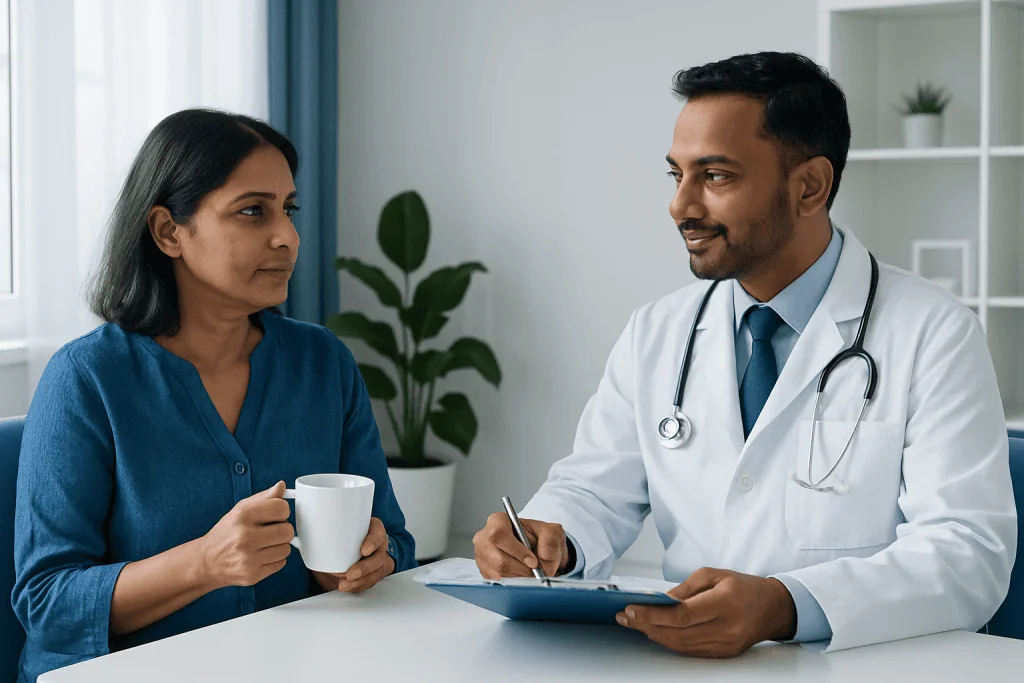 Doctor consulting with a female patient in a medical office setting.