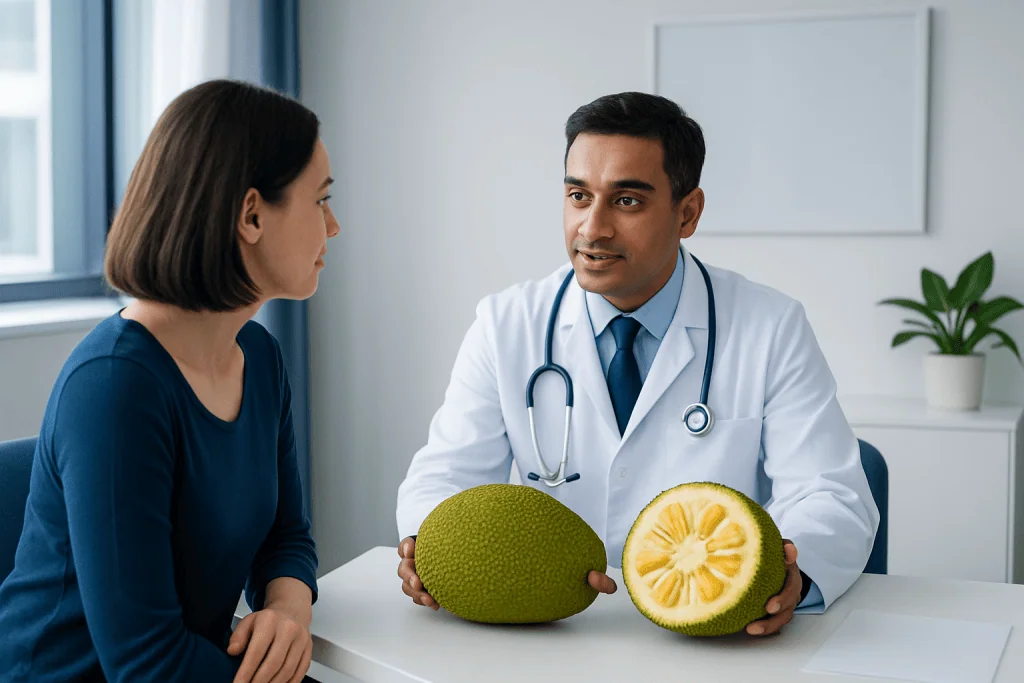 Doctor explaining jackfruit benefits to a patient in a clinic setting.