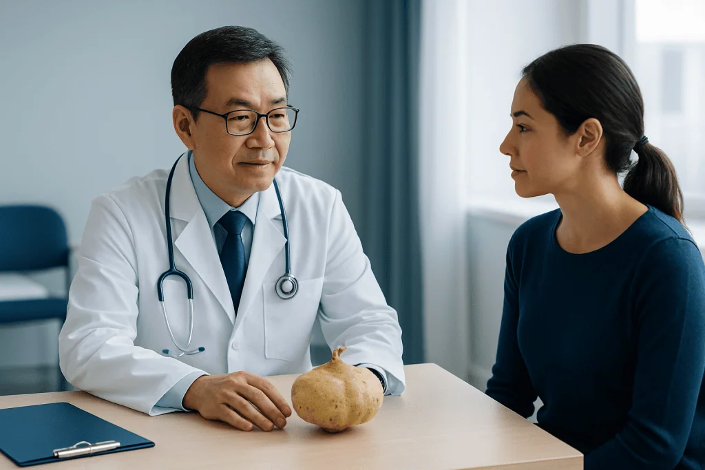 Doctor explaining jicama health benefits to patient in clinic.
