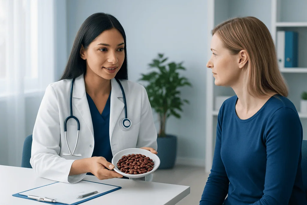Doctor explaining kidney beans benefits to patient in a medical consultation.
