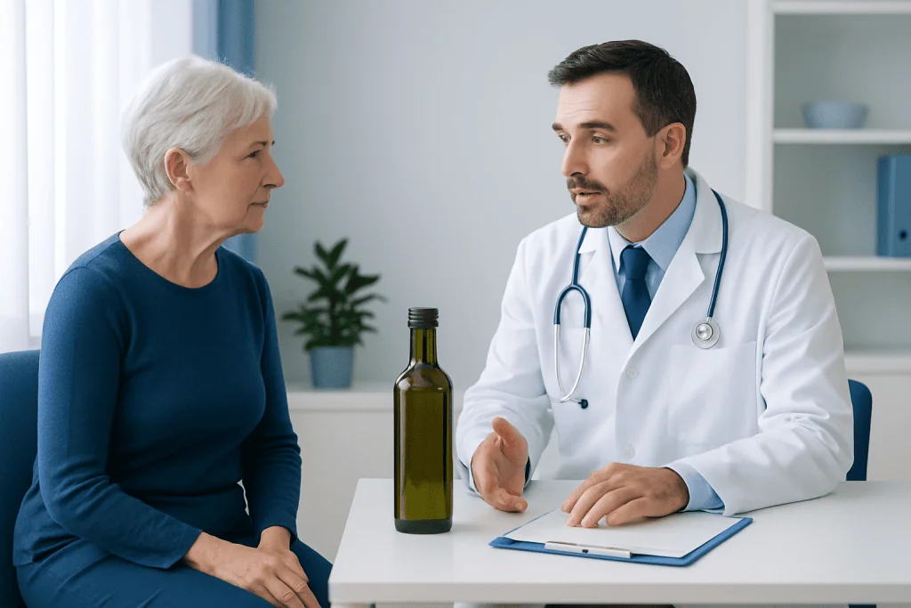 Doctor consulting with elderly woman in a medical office.