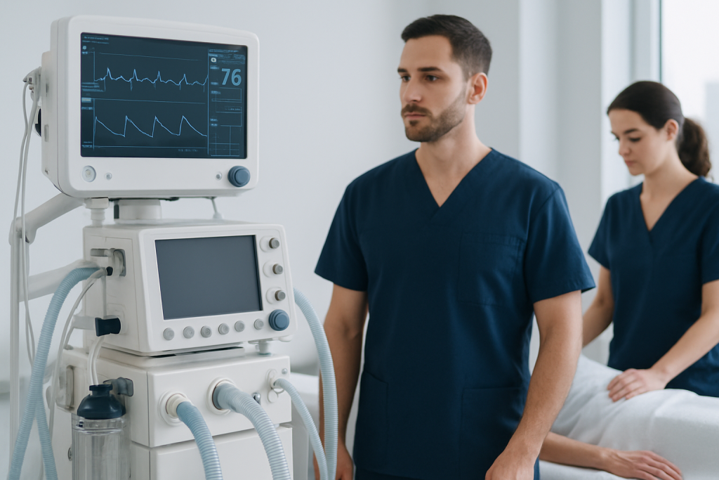 Medical professionals monitoring patient vital signs in hospital setting.