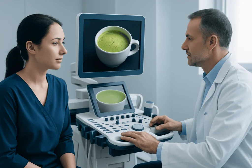 Medical professional explains ultrasound results to a patient in a hospital setting.