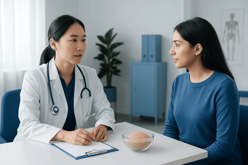 Doctor consulting patient about millet health benefits in a clinic setting.