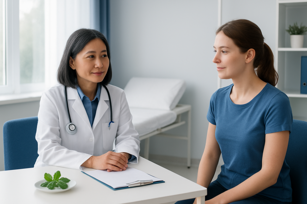 Doctor consulting with a patient in a modern medical office.