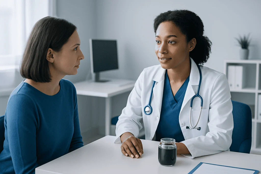 Doctor consulting with a patient in a medical office setting.